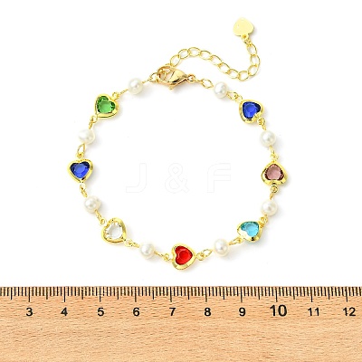 Brass Glass Colorful Heart Link Chain Bracelets with Natural Pearl Beads for Women BJEW-JB14163-1