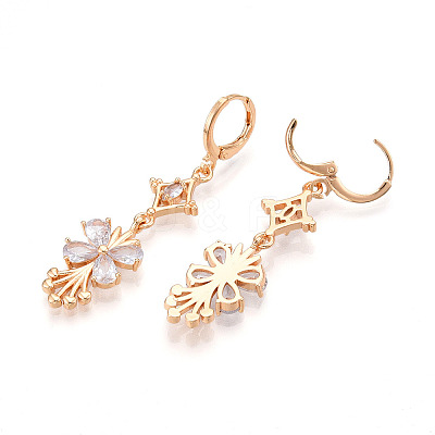 Flower Brass Micro Pave Cubic Zirconia Dangle Leverback Earrings EJEW-N058-13G-1