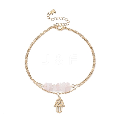Natural Rose Quartz Chips Beaded & Hamsa Hand Charms Double Layer Multi-strand Bracelet AJEW-AN00511-03-1