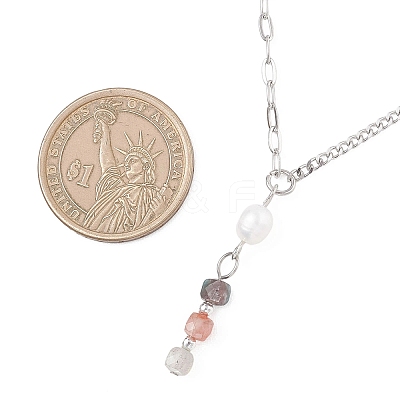 Natural & Synthetic Mixed Stone Faceted Cube & Rice Natural Pearl Beaded Pendant 304 Stainless Steel Cable Chain Twisted Chain Necklaces NJEW-JN05846-1
