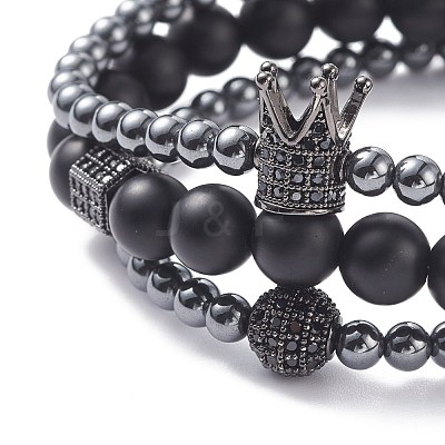3Pcs 3 Style Round Synthetic Black Stone & Hematite Beaded Stretch Bracelets Set BJEW-JB07688-02-1