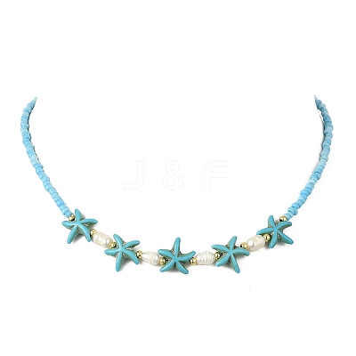 2Pcs 2 Styles Ocean Turtle Starfish Synthetic Turquoise & Natural Pearl & Glass Seed Beaded Necklaces NJEW-JN06130-04-1