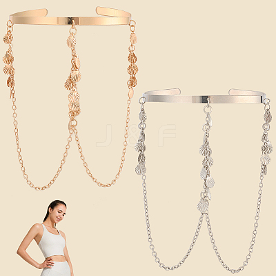 2Pcs 2 Colors Bohemia Style Tassel Alloy Upper Arm Open Cuff Bangles for Women BJEW-CY0001-03A-1