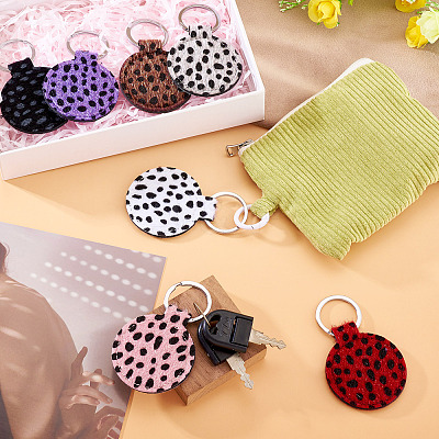 16Pcs 8 Colors Flat Round Leopard Pattern PU Leather Keychains KEYC-TA0001-37-1