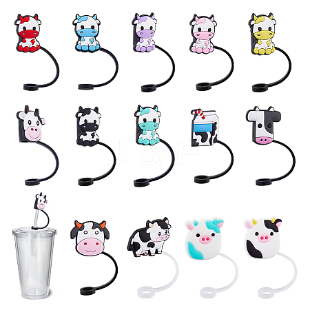 DICOSMETIC 14Pcs 14 Style Cow Theme Silicone Straw Cap AJEW-DC0001-46-1