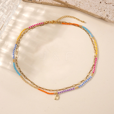 Colorful Glass Seed Beaded Initial Pendant Double Layer Necklaces QS3881-4-1