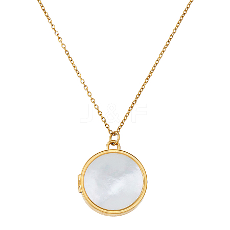1Pc Stainless Steel Pave Natural White Shell Locket Pendant Necklaces for Women NJEW-HS0001-12B-1