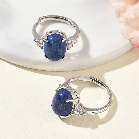Brass Micro Pave Cubic Zirconia with Natural Lapis Lazuli Cuff Open Rings RJEW-T035-01P-B-1