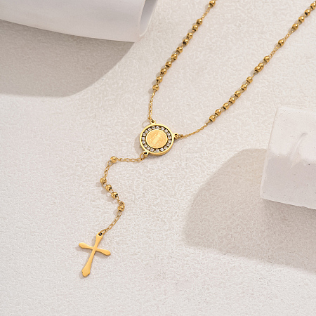 201 Stainless Steel Crystal Rhinestone Relief Portrait Saint Pendant Tassel Cross Rosary Bead Necklaces for Women EU5525-2-1