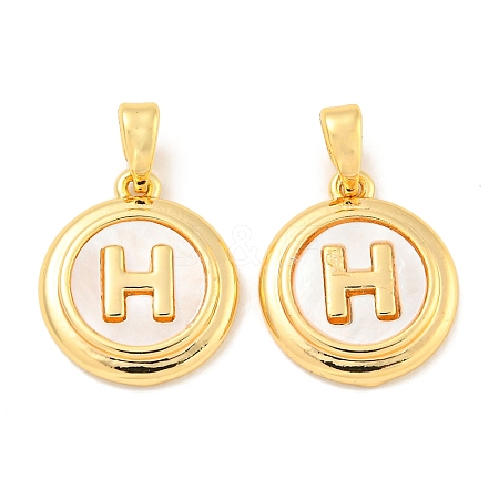 Natural Shell & Brass Flat Round with Letter H Charms with Snap on Bails KK-P275-07G-1