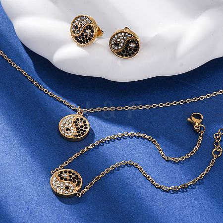 Yin-yang 304 Stainless Steel Rhinestone Pendant Necklaces & Bracelets & Stud Earrings Sets for Women SJEW-C004-17G-1