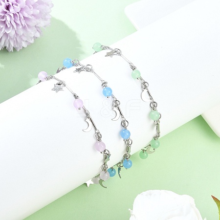 3Pcs 3 Colors 201 Stainless Steel Moon Star & Natural Dyed Malaysia Jade Round Charm Brass Bar Link Chain Anklets AJEW-AN00732-1