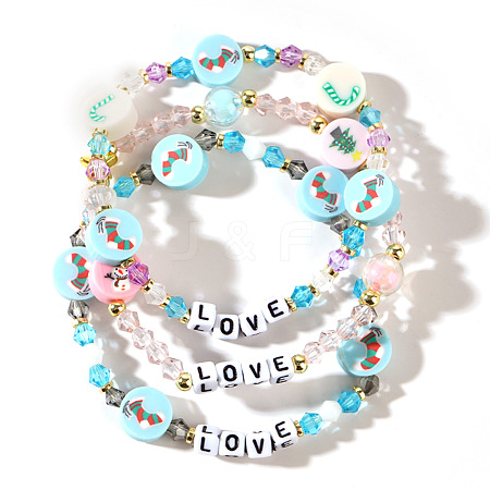 3Pcs Christmas Theme Handmade Polymer Clay & Glass Bicone Beads Stretch Bracelet Sets QY3550-2-1