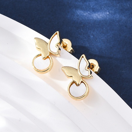 Butterfly Brass Shell Stud Earrings KK-D363-22G-1