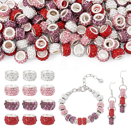 100Pcs 4 Colors Polymer Clay Rhinestone European Large Hole Beads with Silver Color Plated Brass Cores FPDL-TA0001-02-1