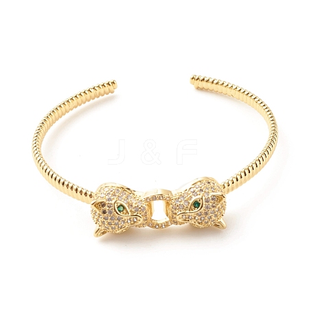 Green Cubic Zirconia Double Leopard Open Cuff Bangle BJEW-B054-20G-1