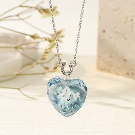 Heart with Horse Pattern Glass Pendant Necklaces LS-PW-WGF1C5C-06-1
