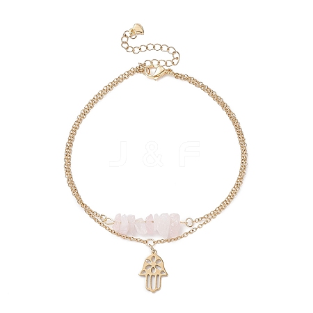 Natural Rose Quartz Chips Beaded & Hamsa Hand Charms Double Layer Multi-strand Bracelet AJEW-AN00511-03-1