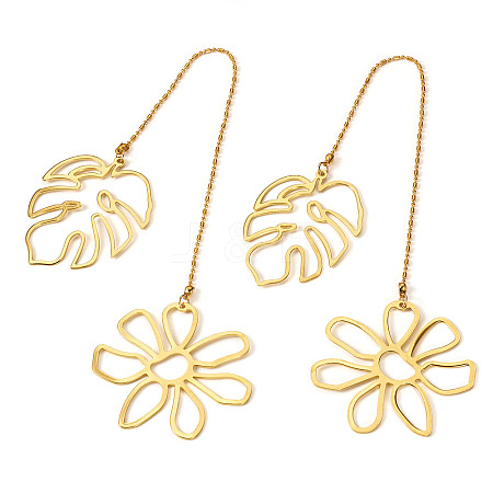 Brass Flower & Leaf Charms Bookmarks AJEW-TAC00029-1