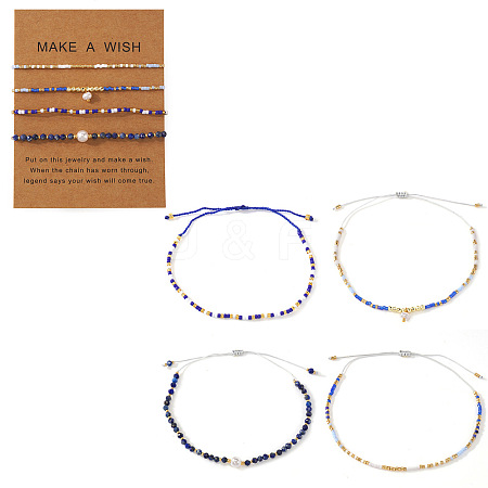 4Pcs Adjustable Glass Seed Bead & Natural Lapis Lazuli Braided Bead Bracelets for Women MX1312-2-1