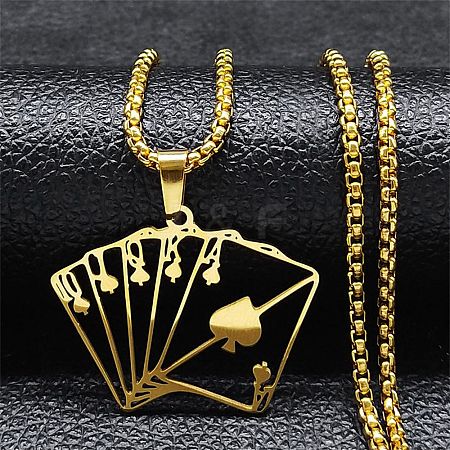 Hollow Playing Card 304 Stainless Steel Pendant Necklaces NJEW-K253-28G-1