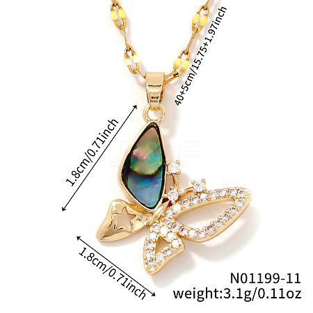 Brass Pave Paua Shell & Crystal Rhinestone Butterfly Pendant Dapped Chain Necklace for Women VR6258-1-1