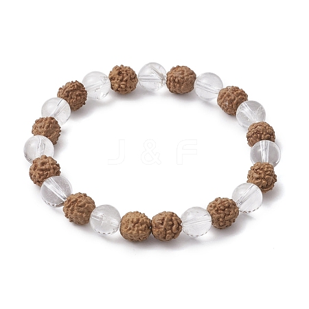 Round Natural Rudraksha & Quartz Crystal Beaded Stretch Bracelets for Women BJEW-TA00542-1