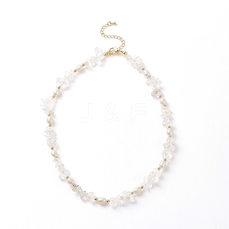 Natural Quartz Crystal Chips & Pearl Beaded Necklace NJEW-JN04008-02-1