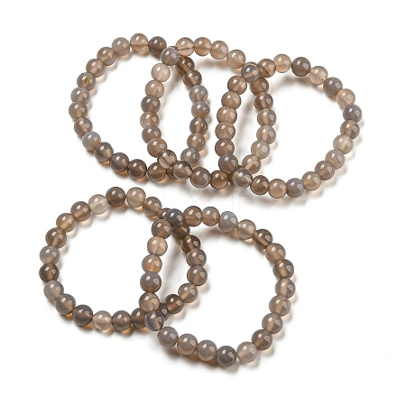 9mm Natural Grey Agate Round Beaded Stretch Bracelets for Women BJEW-G718-01-1