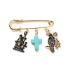 Halloween Castle & Crow Alloy Enamel Charm Safety Pin with Synthetic Turquoise Cross JEWB-BR00069-04-1