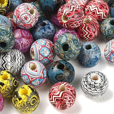 32Pcs 8 Colors Bohemian Style Printed Schima Wood Beads WOOD-YW0001-93-1