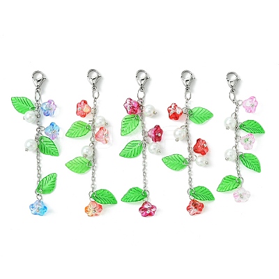 Trumpet Flower Glass & Leaf Acrylic Pendant Decorates HJEW-JM01653-1
