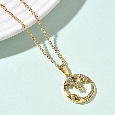 Brass Micro Pave Clear Cubic Zirconia Moon and Sun Pendant 304 Stainless Steel Chain Necklaces for Women NJEW-D341-05G-1