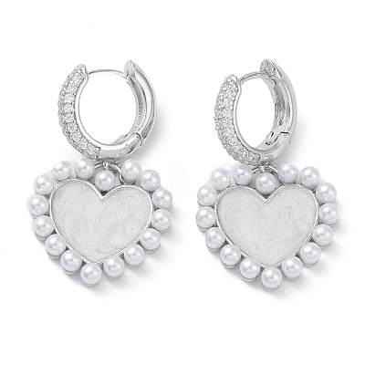Heart Rack Plating Brass Cubic Zirconia Hoop Earrings with Plastic Pearl Beads EJEW-K245-06P-1
