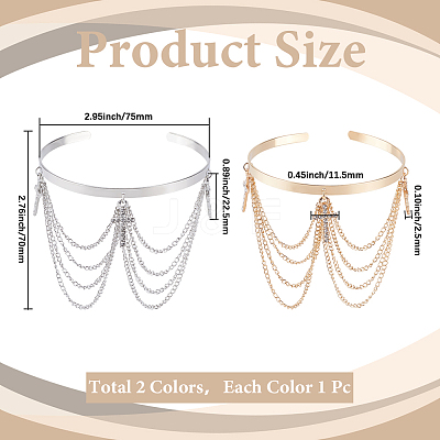 2Pcs 2 Colors Bohemia Style Tassel Alloy Upper Arm Open Cuff Bangles for Women BJEW-CY0001-03B-1