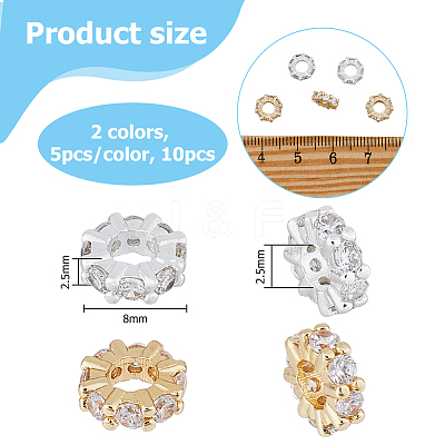 10Pocs 2 Colors Brass Micro Pave Clear Cubic Zirconia Spacer Beads KK-HS0001-53-1