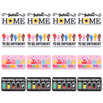 16Pcs 4 Styles Rectangle with Word Food Grade Silicone Focal Beads SIL-CA0004-44-1