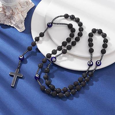 Natural Lava Rock & Synthetic Hematite Rosary Bead Necklaces NJEW-JN04460-1