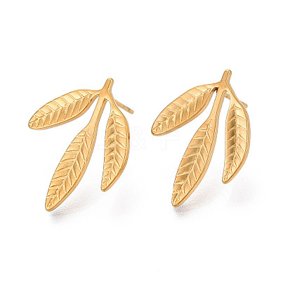 Ion Plating(IP) 304 Stainless Steel Leaf Stud Earrings for Women X-EJEW-F300-11G-1