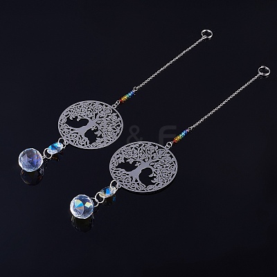 2Pcs 201 Stainless Steel Tree of Life Shape & Rainbow Crystal Glass Hanging Suncatcher HJEW-TA00446-1
