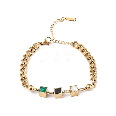 Synthetic Malachite Cube & Acrylic Round Beaded Link Bracelet BJEW-G669-03G-1