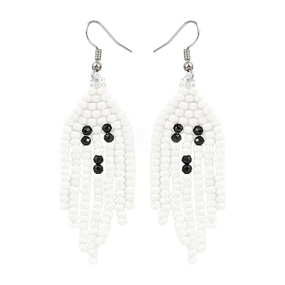 Halloween Theme Ghost Handmade Glass Seed Beaded Dangle Earrings EJEW-MZ00479-1