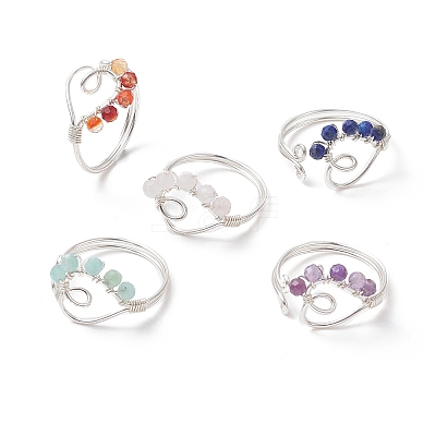 Natural Mixed Gemstone Beaded Heart Open Cuff Ring RJEW-JR00567-1