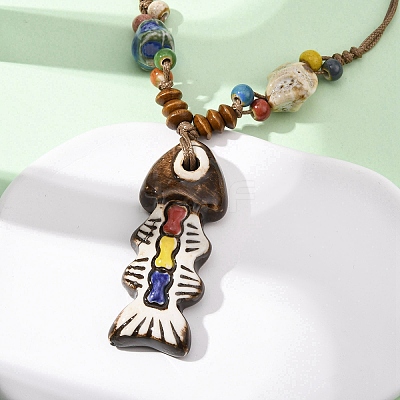 Ceramic Fish Pendant Adjustable Waxed Cord Necklaces for Women NJEW-B146-02-1