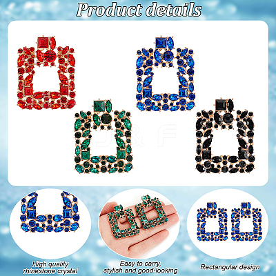 4 Pairs 4 Colors Rhinestone Hollow Square Dangle Stud Earrings EJEW-AN0004-37-1