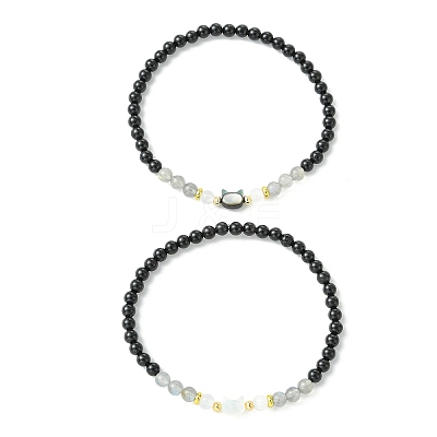2Pcs Natural Selenite & Labradorite & Black Tourmaline & Shell Beaded Stretch Bracelets BJEW-JB13830-1