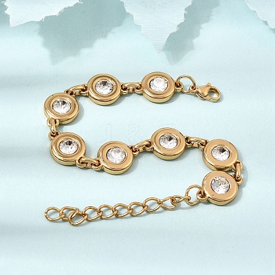 304 Stainless Steel Crystal Rhinestone Flat Round Link Chain Bracelets SA-CBAF6AD-10G-1