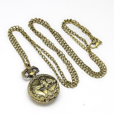 Alloy Flat Round with Horse Pendant Necklace Pocket Watch WACH-N011-84-1