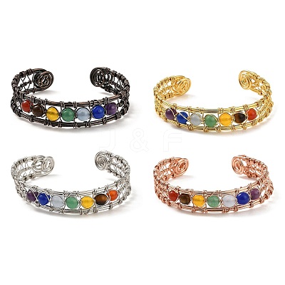 Natural Mixed Gemstone Round Beaded Open Cuff Bangle BJEW-F459-01M-1
