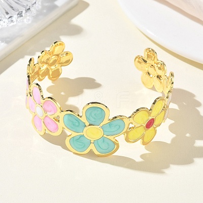 Flower Brass Enamel Cuff Bangles for Women BJEW-A173-06G-1